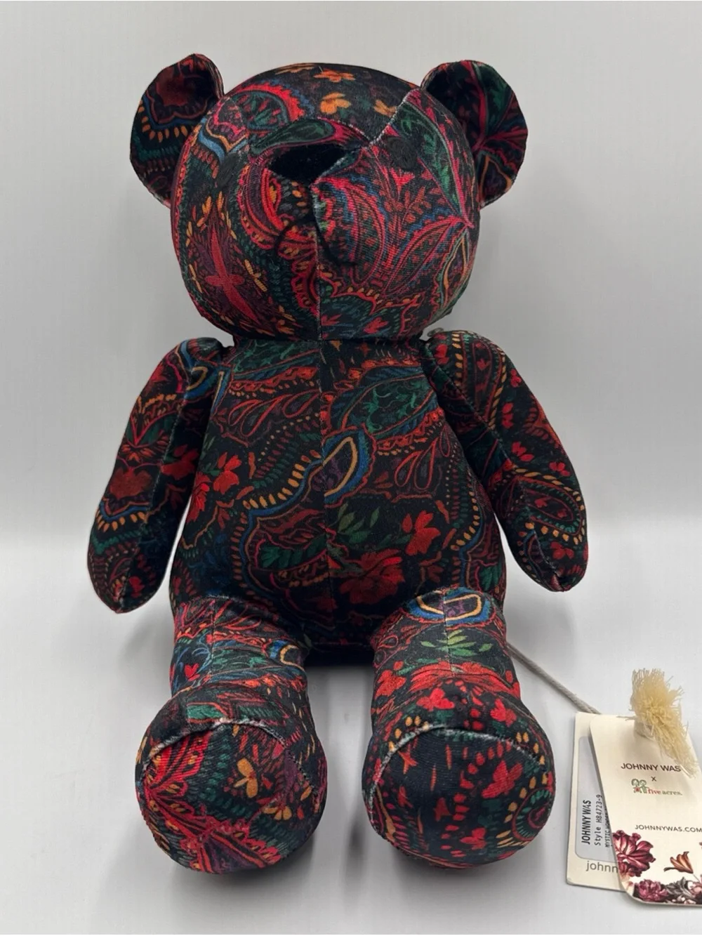 Johnny Was Paisley Floral Plush Bear in Black and Red Tones